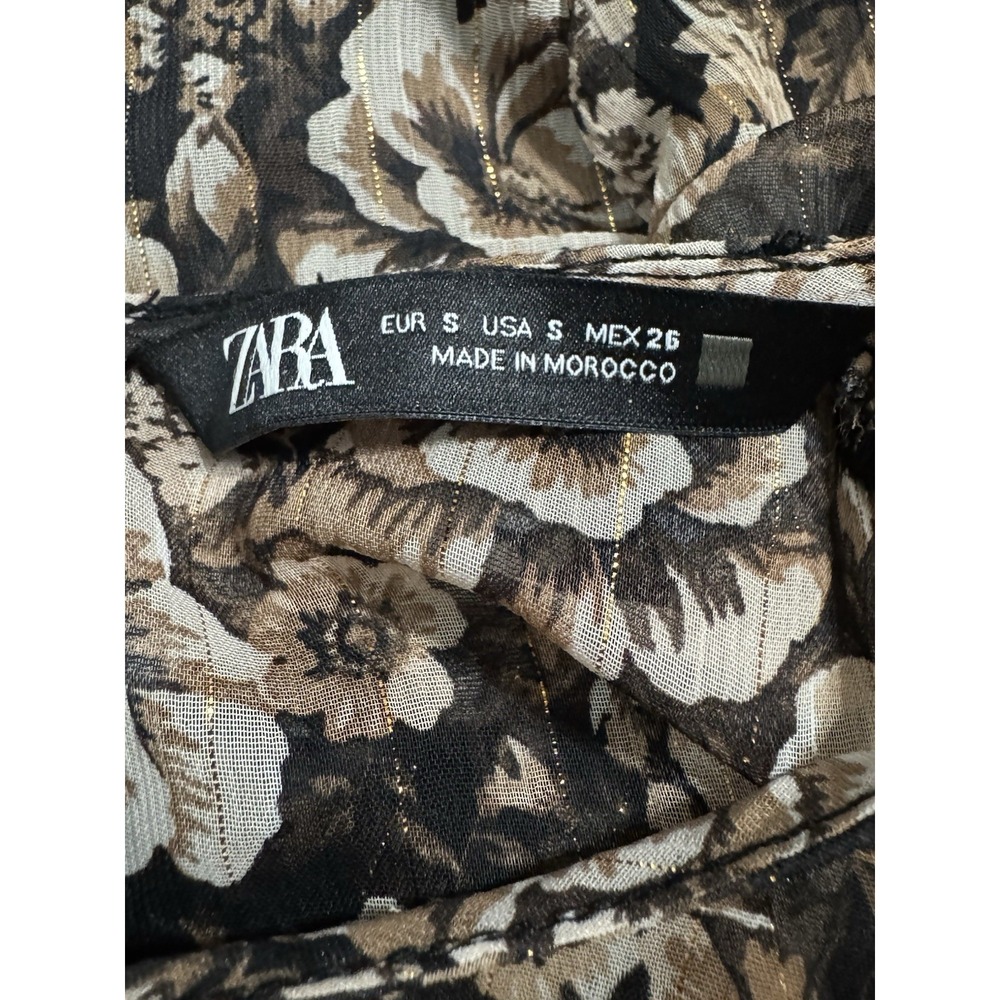 Zara Women's Dress Ruched Metallic & Floral Print Small Romantic Partial-Sheer - Picture 8 of 10